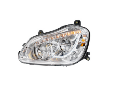 High power 45 LED chrome headlight with sequential turn signal, fits passenger side of 2013–2021 Kenworth T680