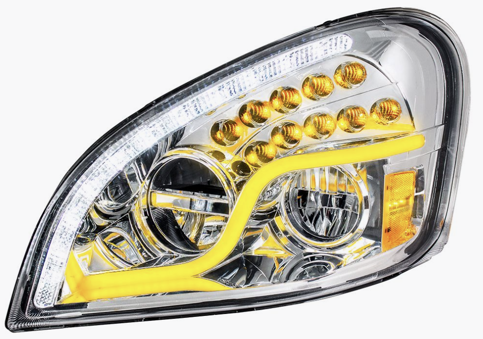 High Power LED Chrome Headlight with dual-color DRL and amber turn signal for 2008–2017 Freightliner Cascadia driver side.