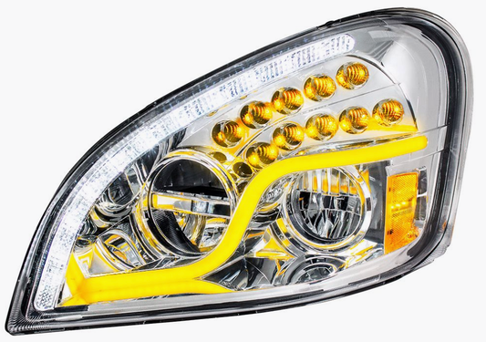 High Power LED Chrome Headlight with dual-color DRL and amber turn signal for 2008–2017 Freightliner Cascadia driver side.