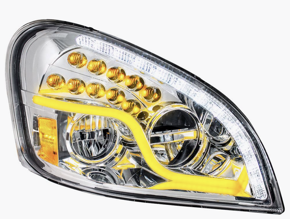 High Power LED Chrome Headlight with dual-color DRL and amber turn signal for 2008–2017 Freightliner Cascadia passenger side.
