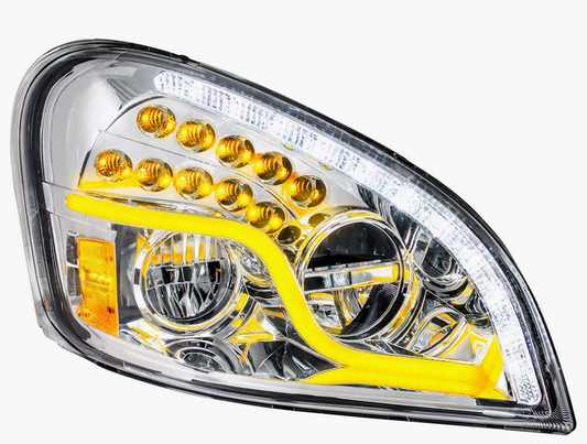 High Power LED Chrome Headlight with dual-color DRL and amber turn signal for 2008–2017 Freightliner Cascadia passenger side.