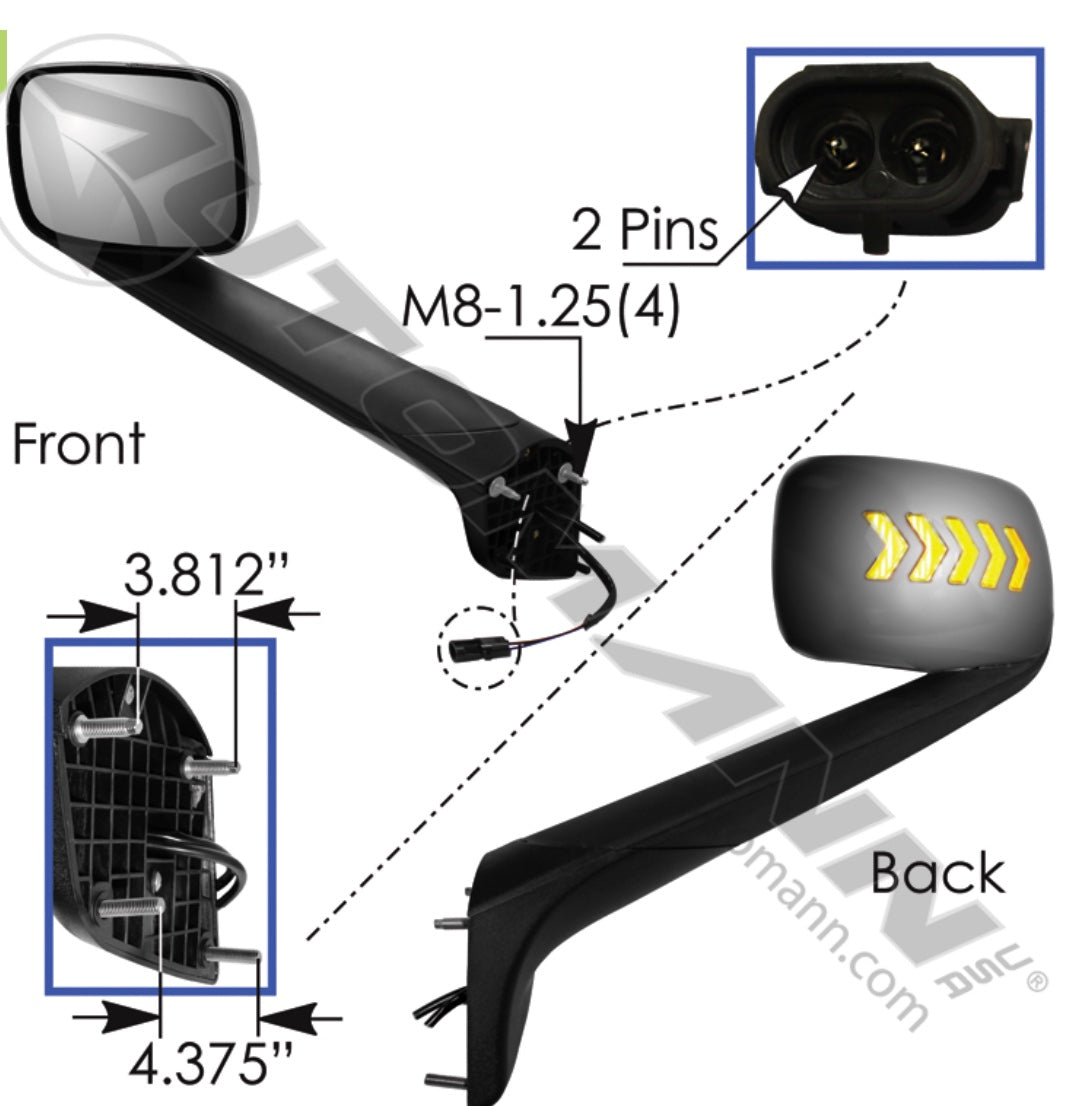 Chrome heated hood mount mirror with amber LED arrows for Freightliner Cascadia P4 driver side