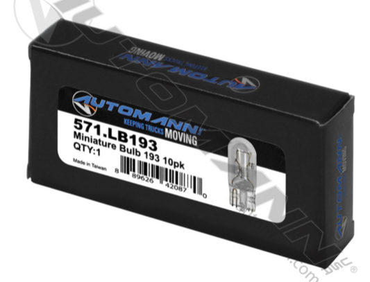 10-pack of 193 T-3-1/4 wedge base miniature bulbs rated at 14V and 0.33A.