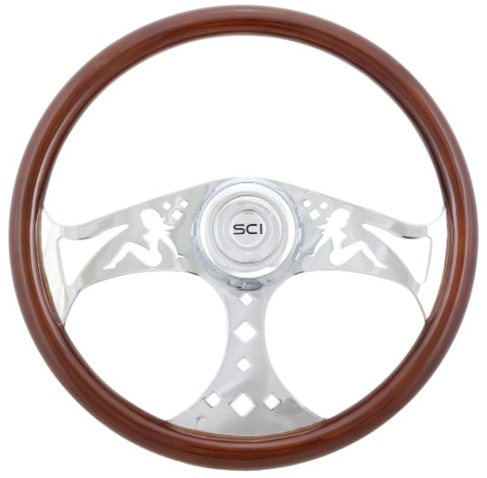 18-inch mahogany and chrome 3-spoke steering wheel with chrome horn and bezel