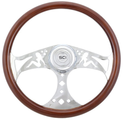 18-inch mahogany and chrome 3-spoke steering wheel with chrome horn and bezel