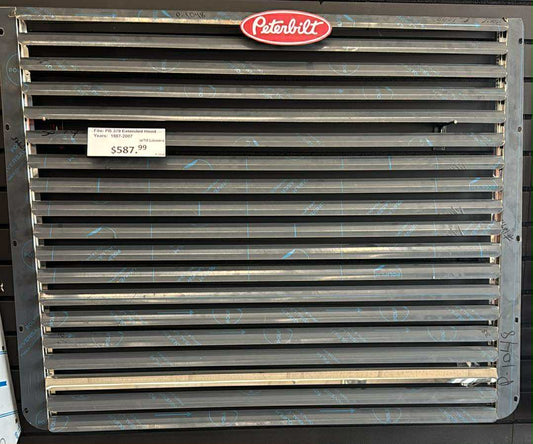 Stainless steel Peterbilt 379 grill with 19 louvered bars, fits extended hood models 1987–2007