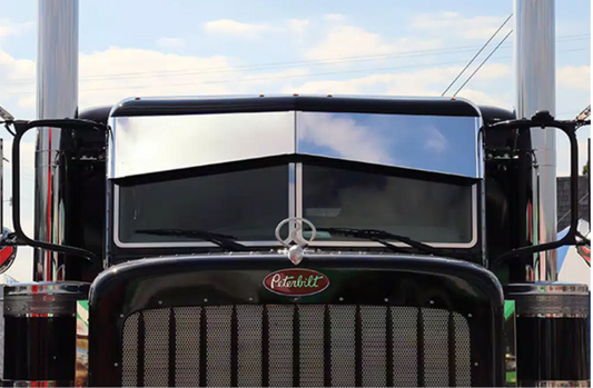 Peterbilt Ultra/Flat Post Mount Darwin Un-Tie Drop Visor in polished stainless steel installed on flat-top cab, heavy-duty truck exterior accessory.