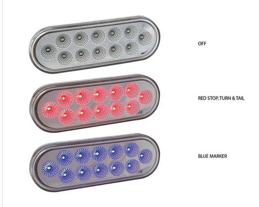 DUAL REVOLUTION RED STOP, TURN & TAIL TO BLUE AUXILIARY LED OVAL LIGHT  -  TLED-OXRB