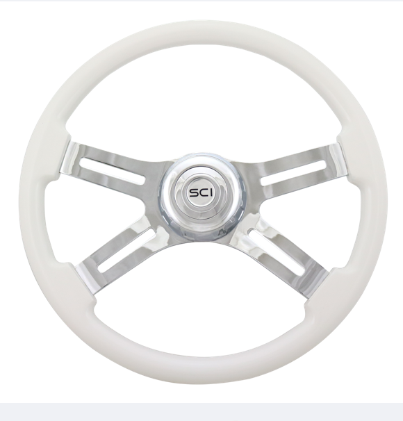 Classic White 18" Painted Wood Rim Chrome 4 Spoke  -  585-3003-77502