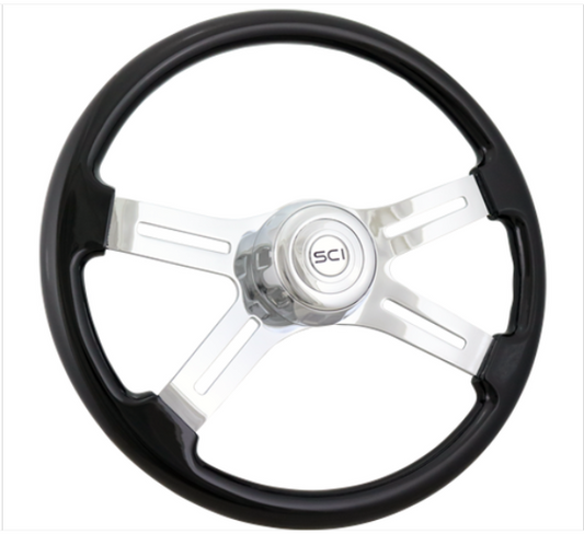 CLASSIC - BLACK 18" Painted Wood Rim, Chrome 4-Spoke with Slot Cut Outs, Chrome Bezel, Chrome Horn Button Logo  -  590-3003-77502