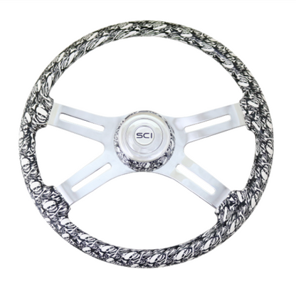 Skulls white 18'' printed wood rim chromed 4 spoke /w slot cuts outs steering wheel matching bezel chrome horn bottom logo - 535-3035-77502