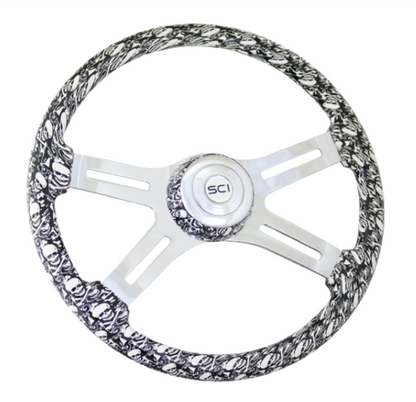 Skulls white 18'' printed wood rim chromed 4 spoke /w slot cuts outs steering wheel matching bezel chrome horn bottom logo - 535-3035-77502