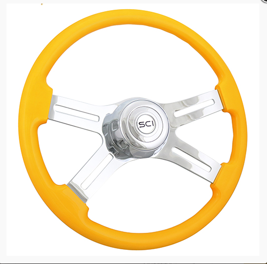 3 Hole Steering Wheel Classic Yellow  18" Painted  Wood Rim Chrome  -  586-3003-77502