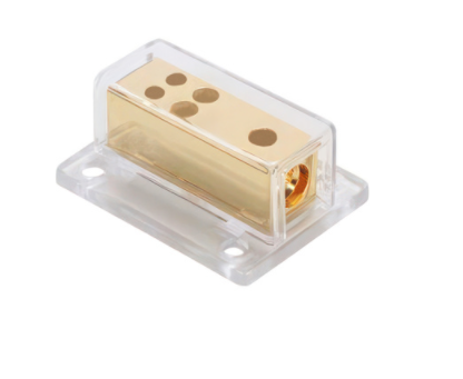 GOLD DISTRIBUTION BLOCK WITH (1) 4 AWG INPUT AND (4) 8 AWG OUTPUTS, RECTANGULAR SHAPE - 98438