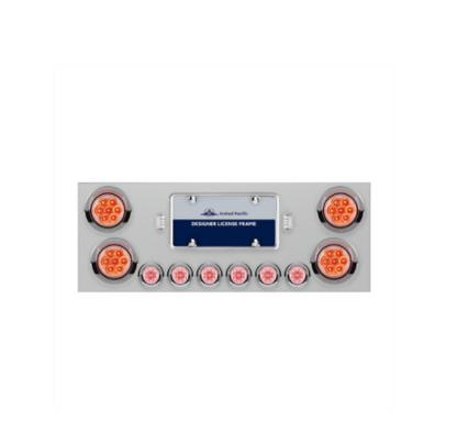 Stainless steel 34-inch rear center panel with four 4-inch red LED/clear lens lights, six 2-inch red LED/clear lens lights, and chrome license frame