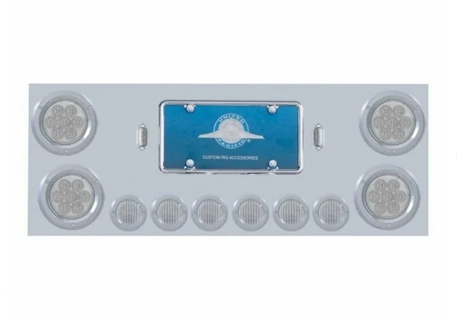 Stainless steel 34" rear center light panel with four 4" red LED reflector lights and six 2" red LEDs, polished finish, includes license lights and frame.