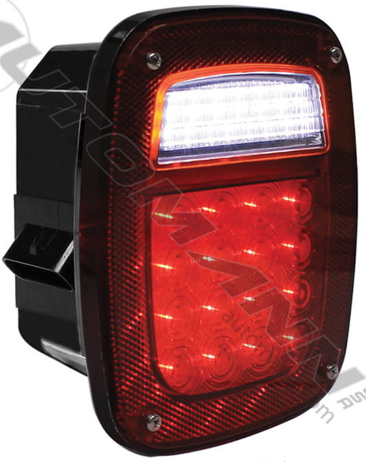 Right-hand LED stop/turn/tail box light with red lens, backup LEDs, and license window, Metri-Pack 2-stud mount.