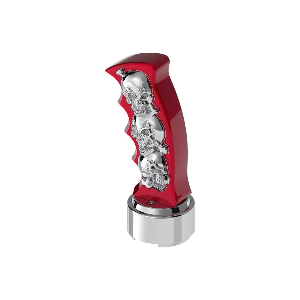 Thread-On Skulls Pistol Grip Gearshift Knob with Chrome 9/10 Speed Adapter Candy Red with Chrome Skulls - 70836