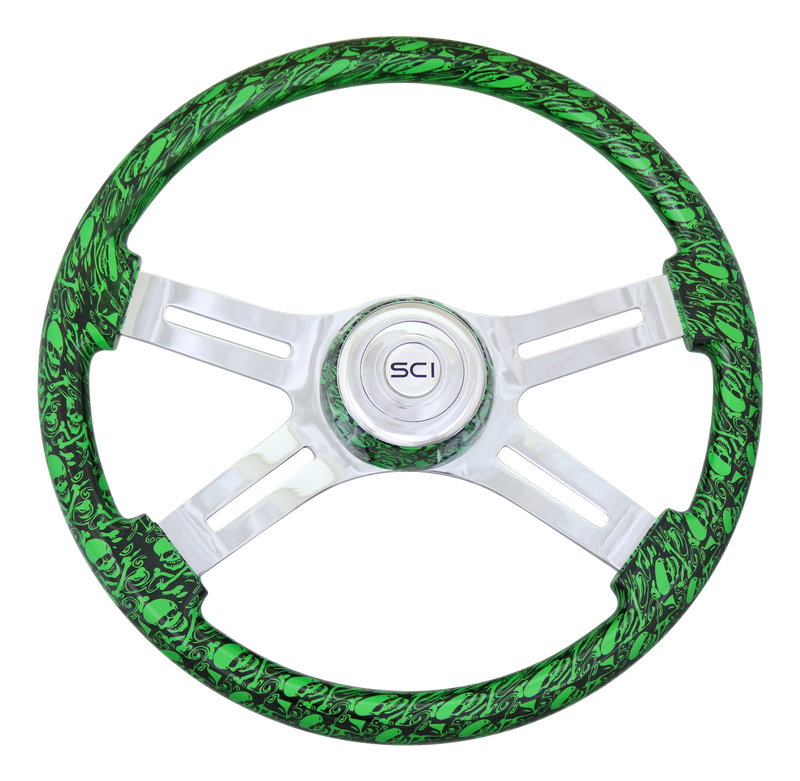 Skull Green 18" Printed Wood Rim Chromed 4 Spoke  -  537-3037-77502