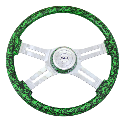 Skull Green 18" Printed Wood Rim Chromed 4 Spoke  -  537-3037-77502