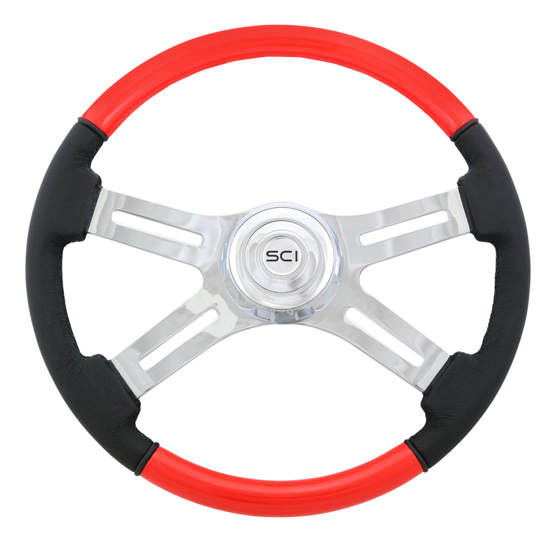 Classic Combo Viper Red 18" Painted  Wood & Leather  Rim Chrome 4 Spoke  -  542-3003-77502