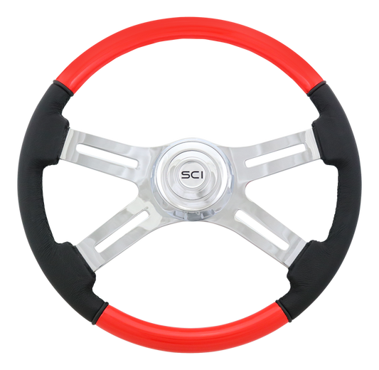 Classic Combo Viper Red 18" Painted  Wood & Leather  Rim Chrome 4 Spoke  -  542-3003-77502